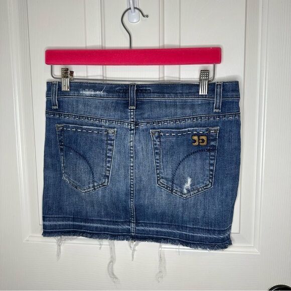 Y2K Joe’s Jeans Distressed Raw Hem Leather Logo Denim Mini Skirt Waist 27 2000s - Picture 1 of 9